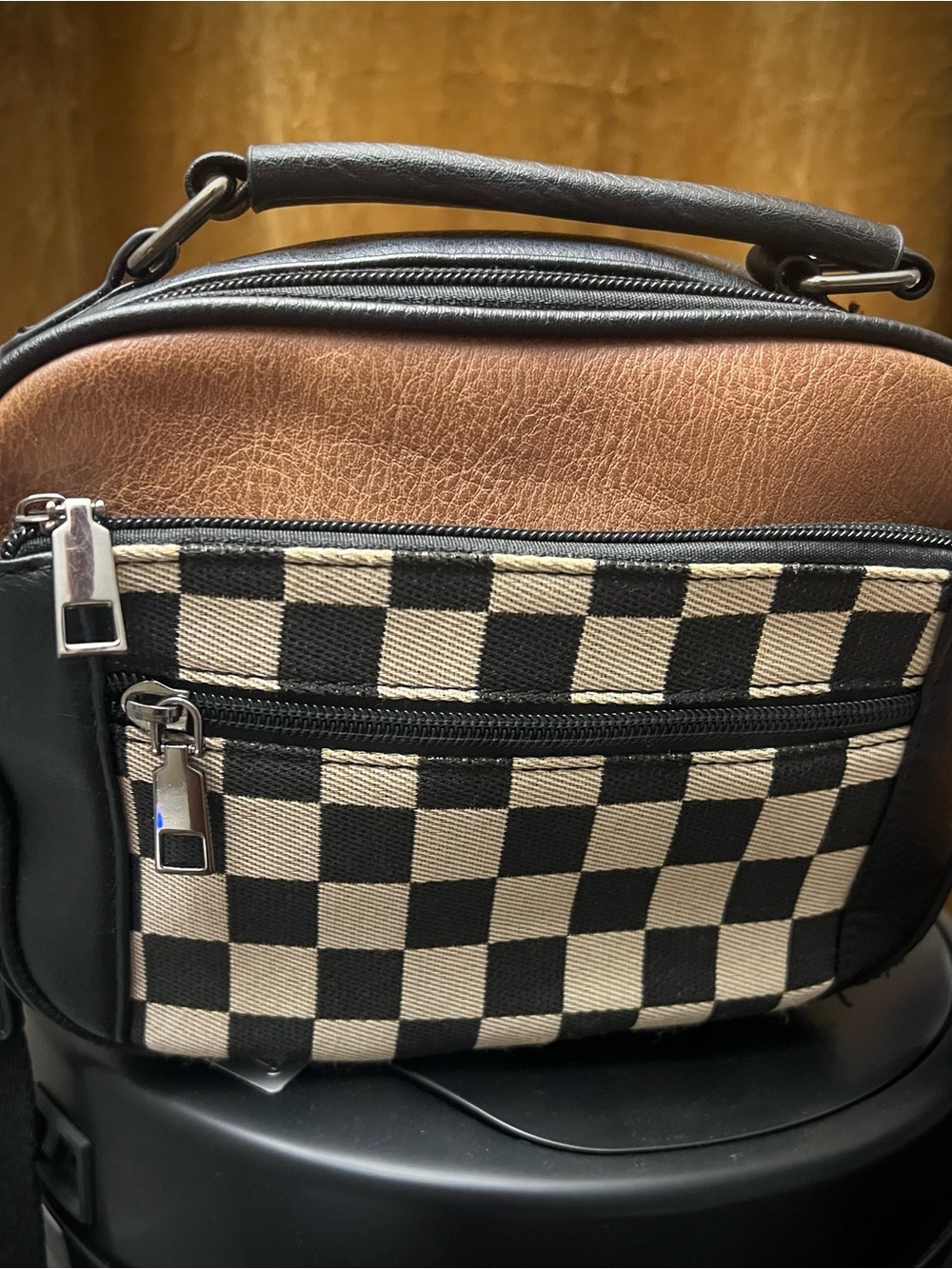 Checker Canvas and Brown Faux Leather Crossbody Bag